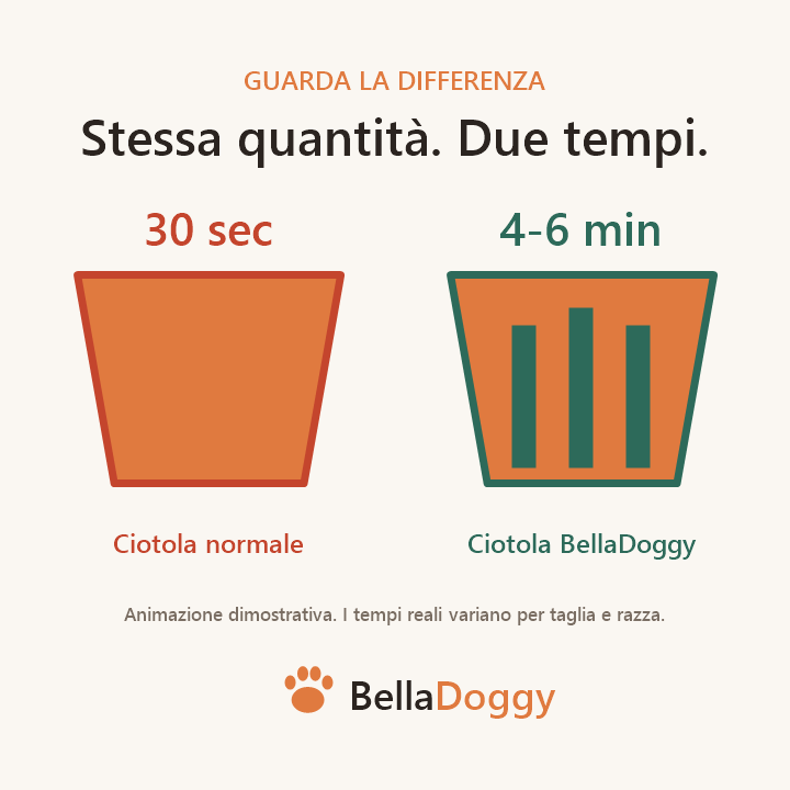 Animazione: a parità di razione la ciotola normale si svuota in 30 secondi, quella a labirinto richiede 4-6 minuti