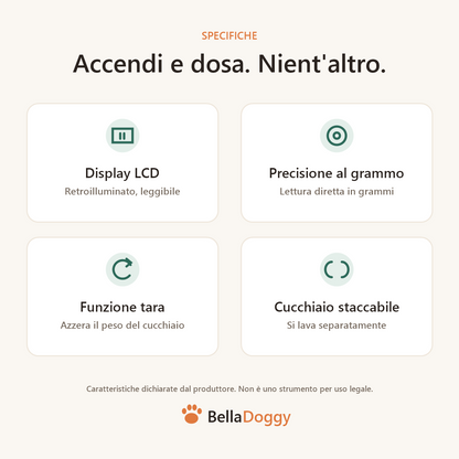 Specifiche del cucchiaio bilancia BellaDoggy: display LCD retroilluminato, precisione al grammo, funzione tara, cucchiaio staccabile