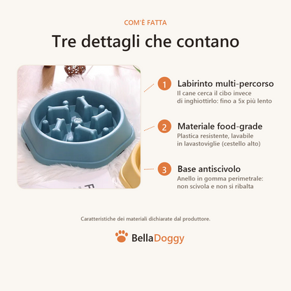 Ciotola anti-ingozzamento BellaDoggy: labirinto multi-percorso, materiale food-grade e base antiscivolo