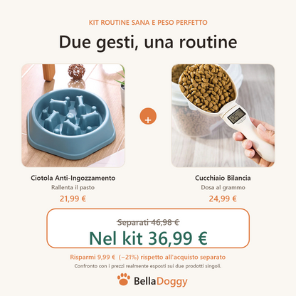 Kit Routine Sana BellaDoggy: ciotola anti-ingozzamento a 21,99 euro e cucchiaio bilancia a 24,99 euro, insieme a 36,99 euro