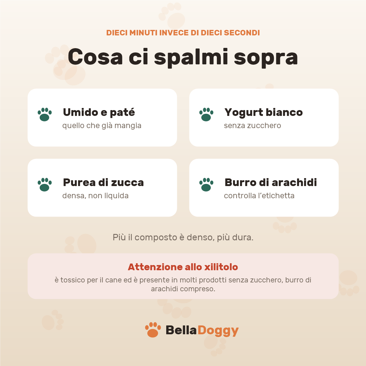 Cosa spalmare sul tappetino: umido e paté, yogurt bianco, purea di zucca, burro di arachidi, con l’avviso sullo xilitolo