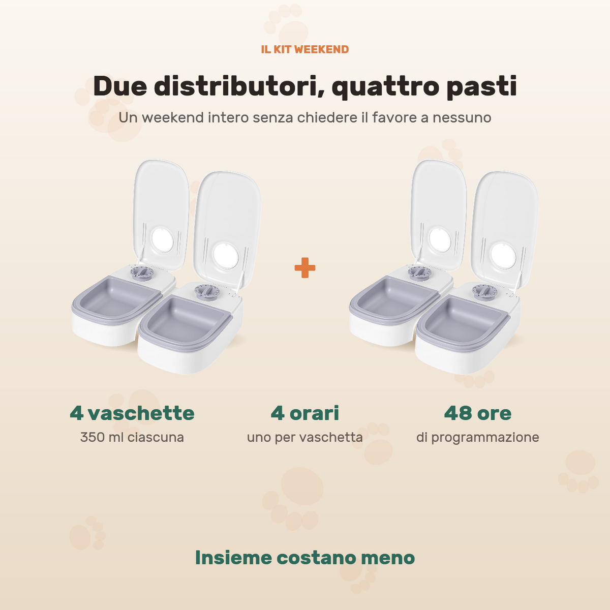 Il Kit Weekend: due distributori automatici affiancati, quattro vaschette da 350 ml